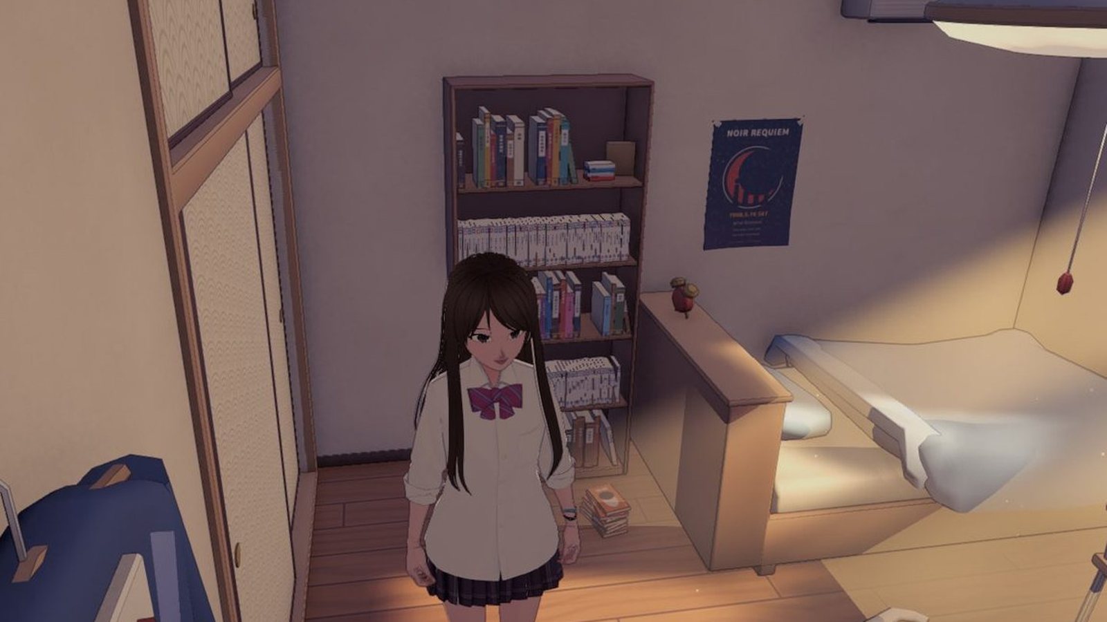Her hair and shoulder passing into the closet frame.