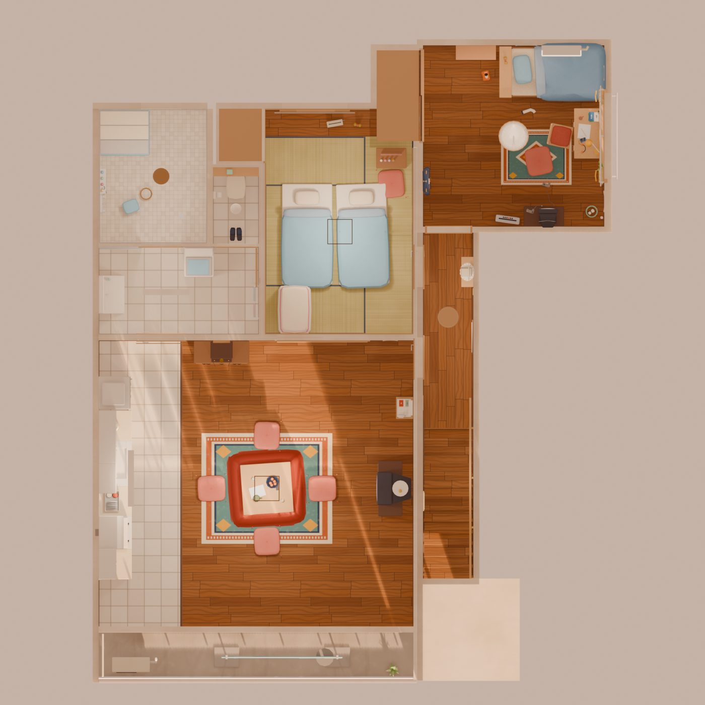 The upper floor from above: living room and kitchen, a second bedroom, the bath, the hall and my bedroom.