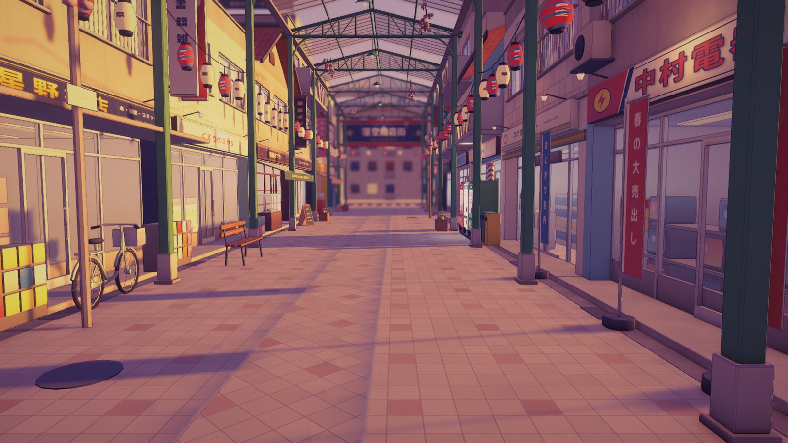 Where Day 1 left the arcade: finished buildings, blank shops.