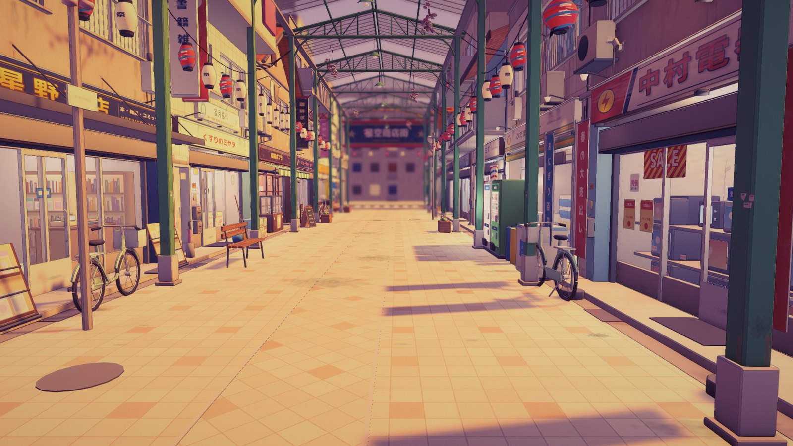 The same view at the end of Day 2, every shop dressed and lit.