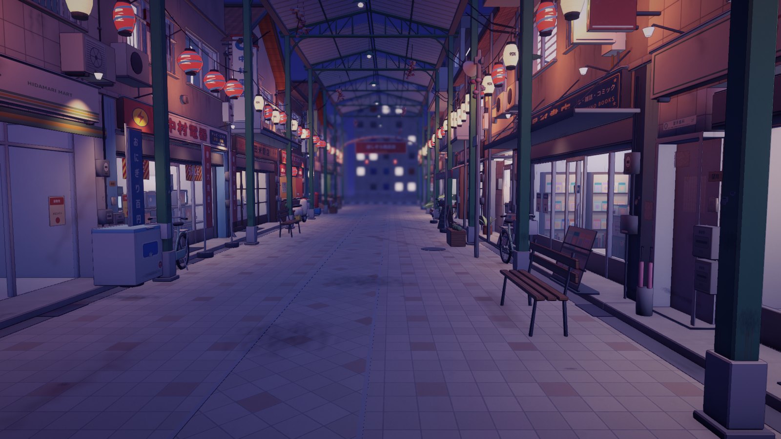 The arcade at night after the lighting pass: both gooseneck lamps on every sign, the lanterns, the glass lit from inside.