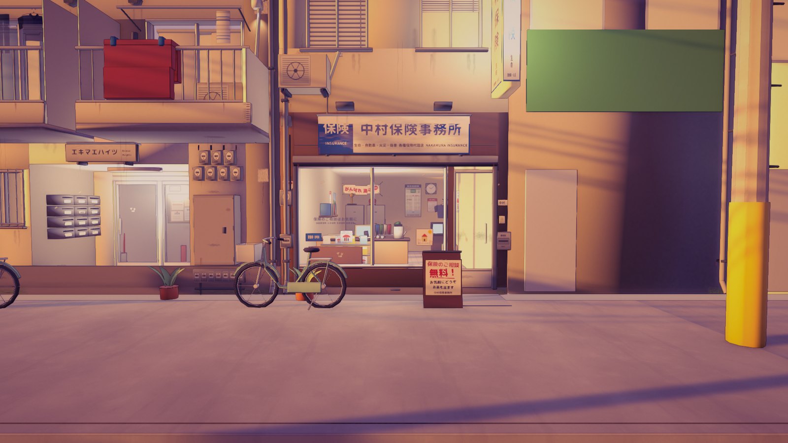 The insurance agency: a vertical lightbox, an A-board, a bicycle at the wall.