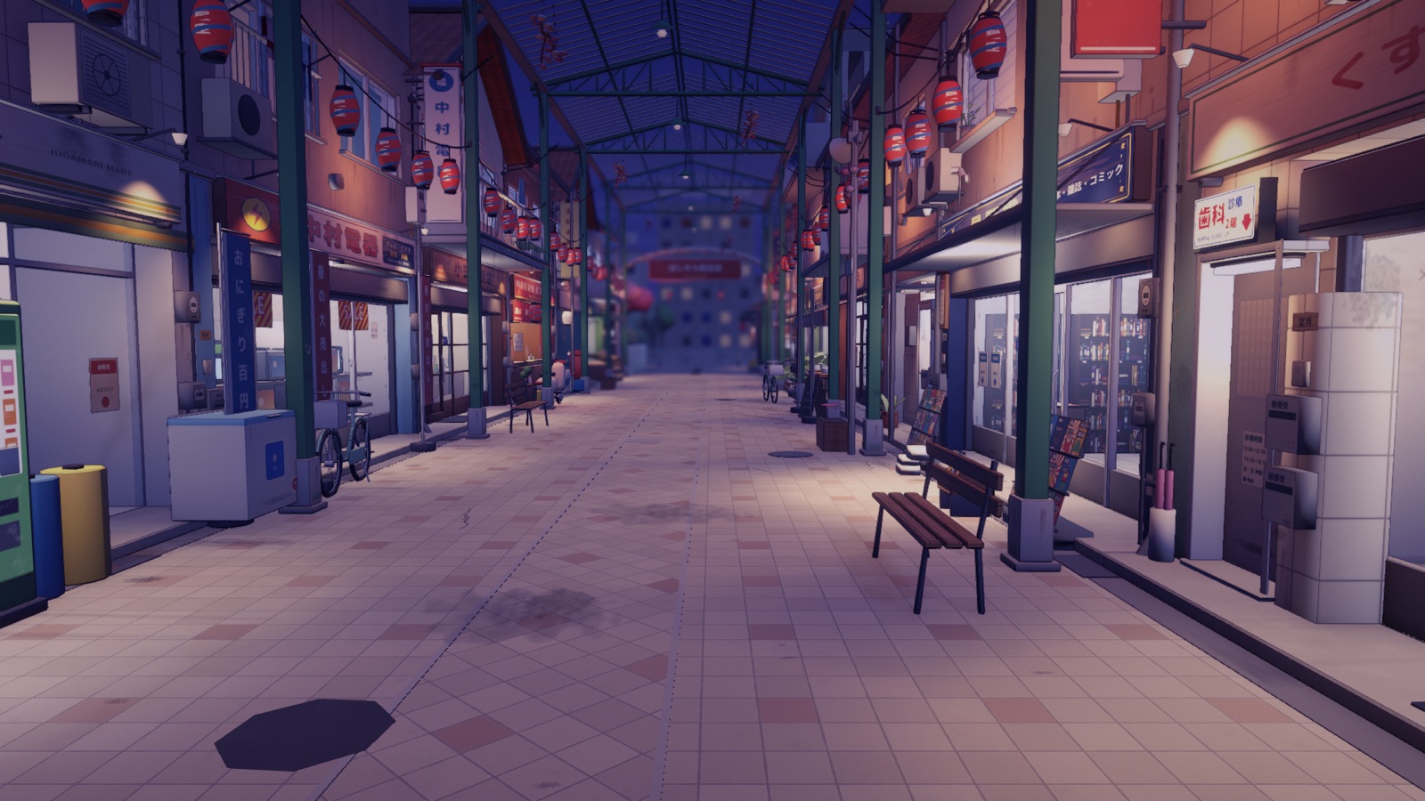 The arcade at night after the pass: every shop's spill throws a pool on the pavement, the upper windows light from their markers, the lantern strings hang post to post.