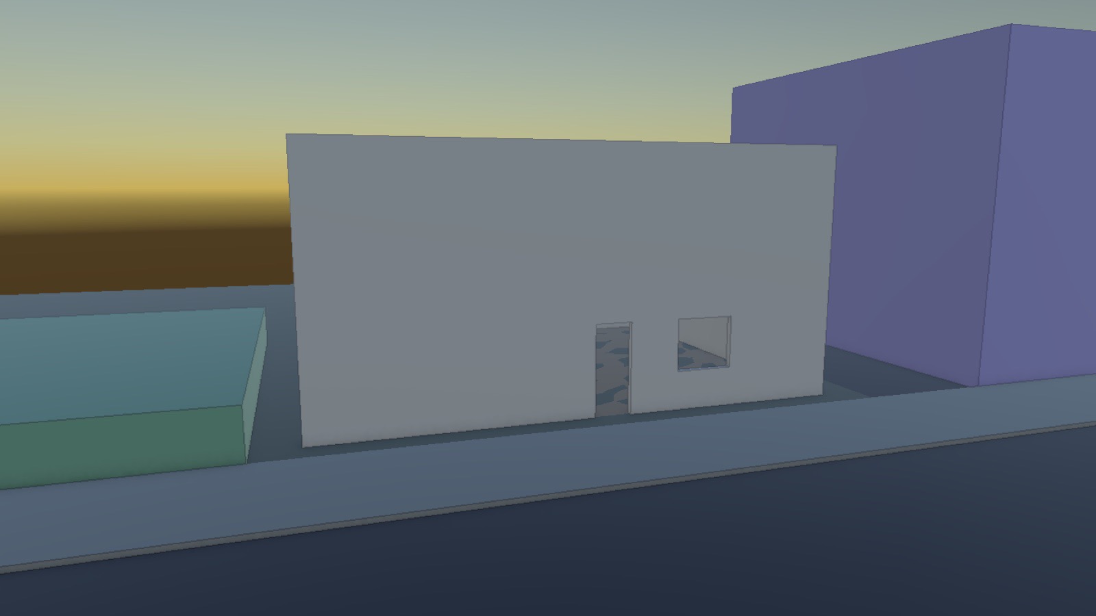 A door and a window cut into a wall run; the stand-in masses of the neighboring lots beside it.
