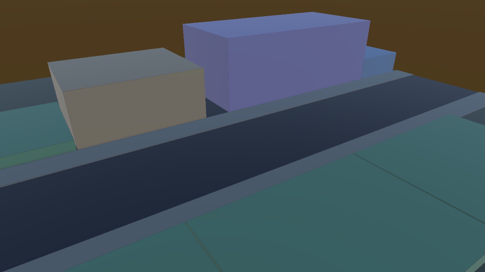 The first bake of the riverside: a tinted box the size of every lot without a building, the road and sidewalks from the road mask.